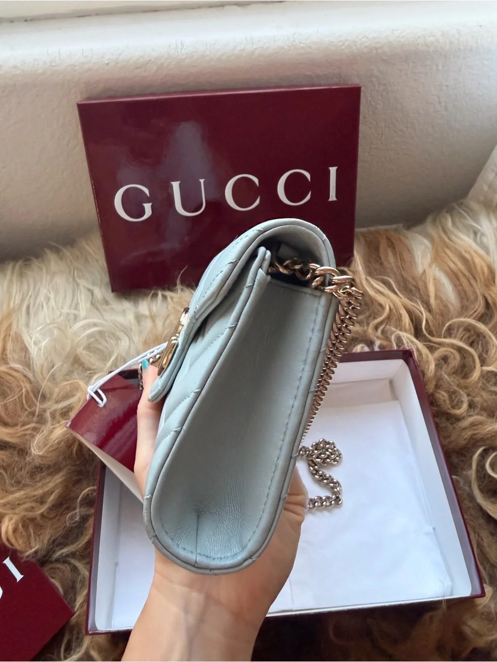 Gucci Pale Blue GG Marmont Quilted Crossbody Wallet